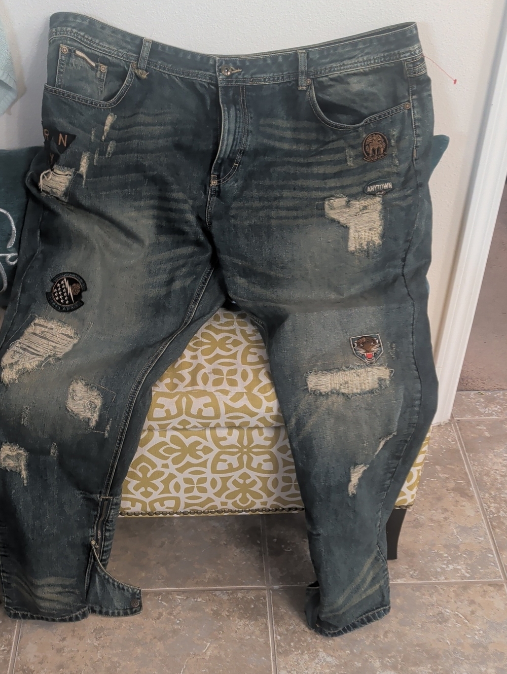 Men's Distressed Patchwork Jeans - Dark Washed Blue